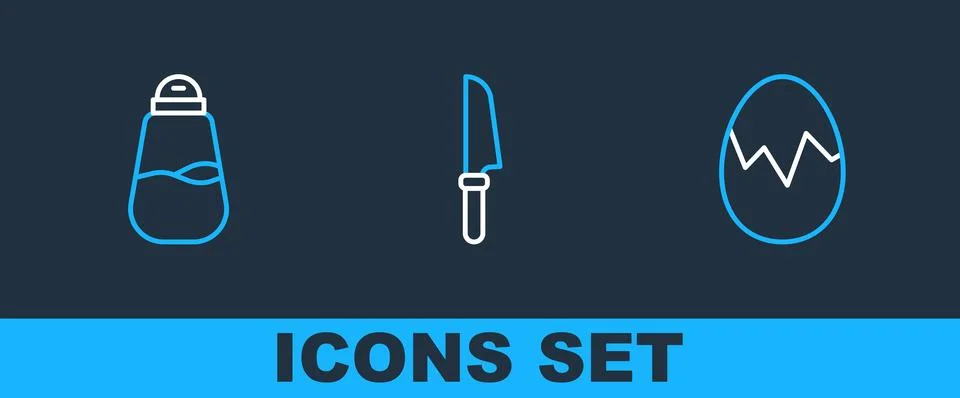 Set line Broken egg, Salt and Knife icon. Vector Stock Illustration