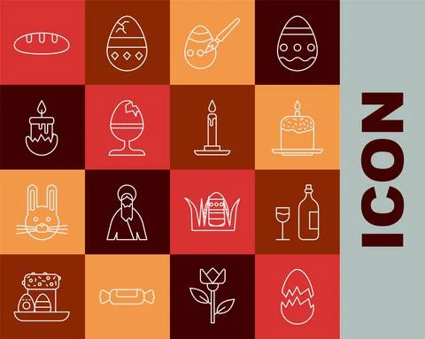 Set line Broken egg, Wine bottle with glass, Easter cake and candle, paint brush Stock Illustration