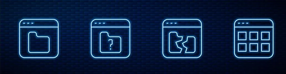 Set line Broken file, Browser files, File missing and . Glowing neon icon on Stock Illustration