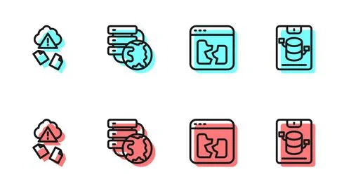 Set line Broken file, Cloud hacking, Network cloud connection and Server, Data Illustrazione stock