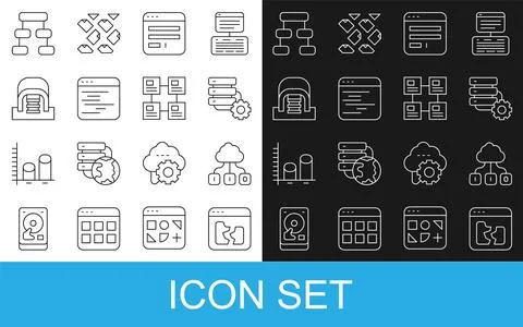 Set line Broken file, Cloud technology data transfer, Server and gear, Browser 스톡 일러스트