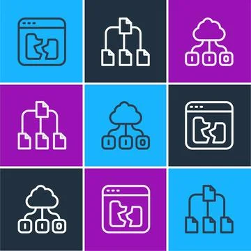 Set line Broken file, Cloud technology data transfer and Folder tree icon Stock Illustration