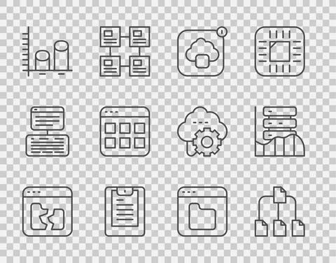 Set line Broken file, Folder tree, Cloud technology data transfer, Server, Data Stock Illustration