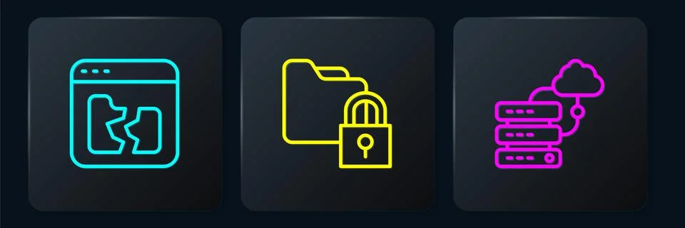 Set line Broken file, Network cloud connection and Folder and lock. Black square イラスト素材