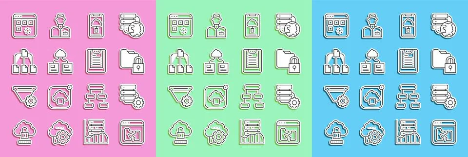 Set line Broken file, Server and gear, Folder lock, Cloud technology data Stock Illustration
