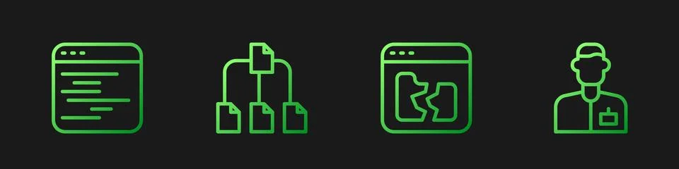 Set line Broken file, Software, Folder tree and Analyst engineer. Gradient color Stock Illustration