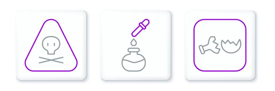 Set line Broken flask, Triangle warning toxic and Test tube and icon. Vector Ilustración de archivo