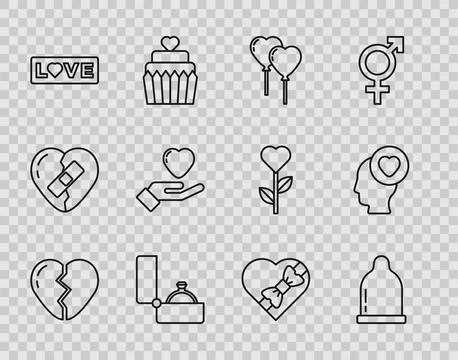 Set line Broken heart, Condom, Balloons in form of, Diamond engagement ring.. Stock-Illustration