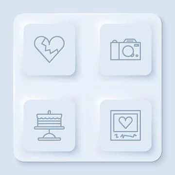 Set line Broken heart or divorce, Photo camera, Cake on plate and frames and Stock Illustration