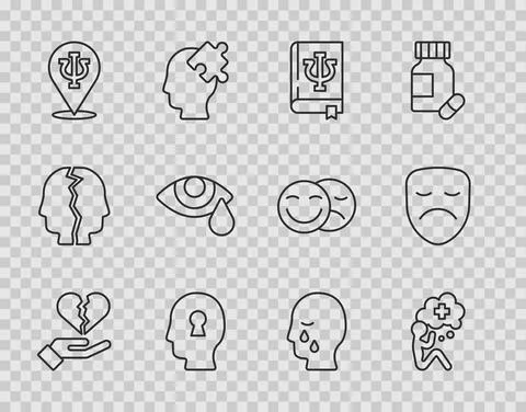 Set line Broken heart or divorce, Helping hand, Psychology book, Psi, Solution Stock Illustration