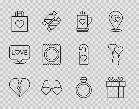 Set line Broken heart or divorce, Gift box, Coffee cup and, Heart shaped love Stock-Illustration