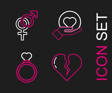 Set line Broken heart or divorce, Wedding rings, Heart on hand and Gender ico Stock Illustration