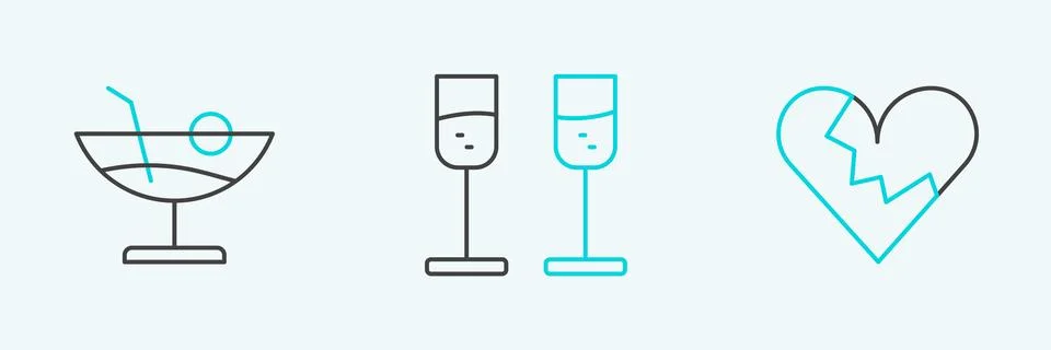 Set line Broken heart or divorce, Cocktail and Glass of champagne icon. Vector Stock Illustration