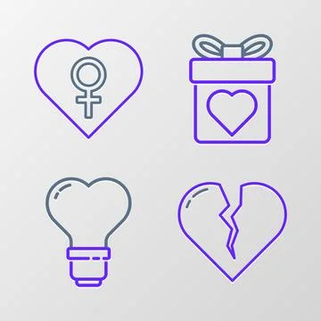 Set line Broken heart or divorce, Heart shape in light bulb, Gift box with .. Stock Illustration