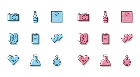 Set line Broken heart or divorce, Woman dress, Photo camera, Male gender sy.. Stock Illustration