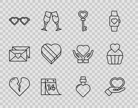 Set line Broken heart or divorce, Heart on hand, Key in shape, Calendar wit.. Stock Illustration