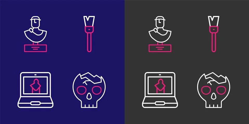 Set line Broken human skull, Online museum, Paint brush and Ancient bust sc.. Stock Illustration