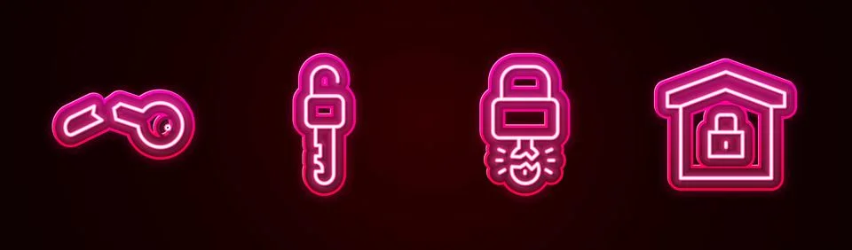 Set line Broken key, Unlocked, Key broke inside of padlock and House under .. Stock Illustration
