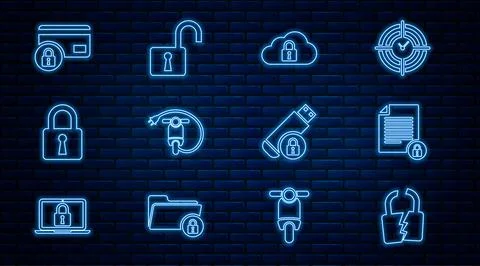 Set line Broken or cracked lock, Document and, Cloud computing, Electric scooter Stock Illustration