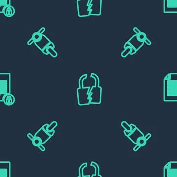 Set line Broken or cracked lock, Scooter and Document and on seamless pattern Stock Illustration