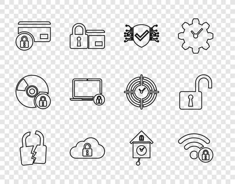 Set line Broken or cracked lock, Wifi locked, Cyber security, Cloud computing Stock Illustration