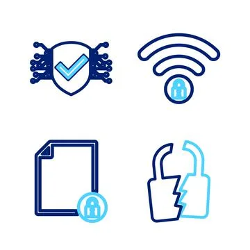 Set line Broken or cracked lock, Document and, Wifi locked and Cyber security Illustrazione stock