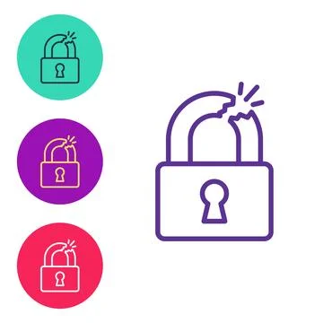 Set line Broken or cracked lock icon isolated on white background. Unlock sign Stock Illustration