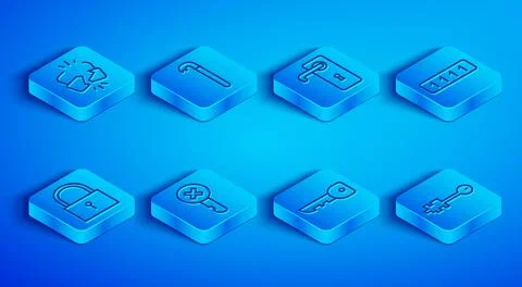Set line Broken or cracked lock, Crowbar, Door handle, Wrong key, Key, Password Stock Illustration
