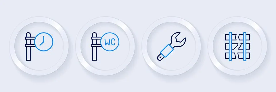 Set line Broken or cracked railway, Wrench spanner, Toilet and Train statio.. Stock Illustration