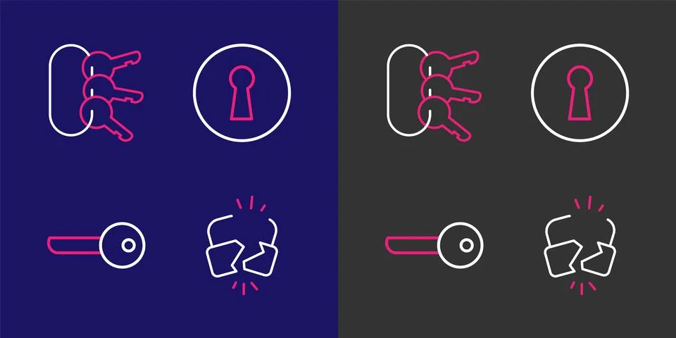 Set line Broken or cracked lock, Key, Keyhole and Bunch of keys icon. Vector Stock Illustration