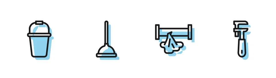 Set line Broken pipe, Bucket, Rubber plunger and Pipe adjustable wrench icon Stock-Illustration