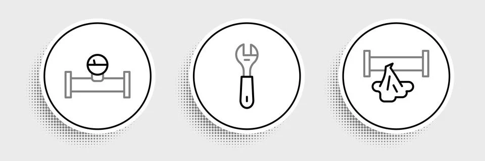Set line Broken pipe, Industry and manometer and Wrench spanner icon. Vector 스톡 일러스트