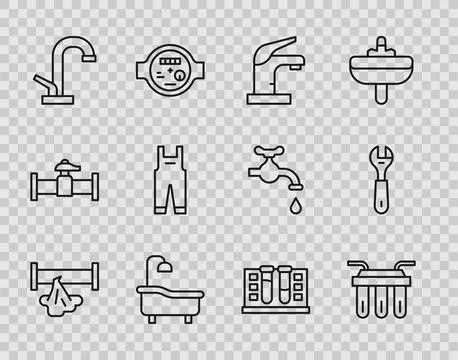Set line Broken pipe, Water filter, tap, Bathtub, Work overalls, Test tube wi Illustrazione stock