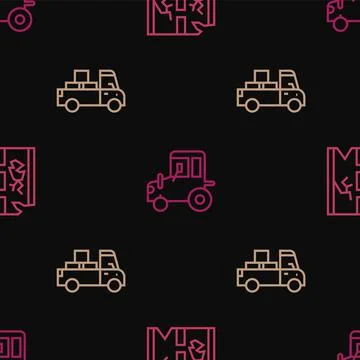 Set line Broken road, Delivery truck and Tractor on seamless pattern. Vector Stock Illustration