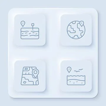 Set line Broken road, Location on the globe, City map navigation and with beach 스톡 일러스트