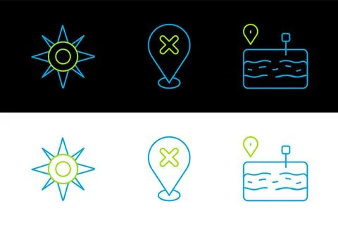 Set line Broken road, Wind rose and Location with cross mark icon. Vector Stock Illustration