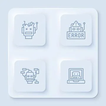 Set line Broken robot, Error in, Robot and Creating. White square button. Vector Illustrazione stock