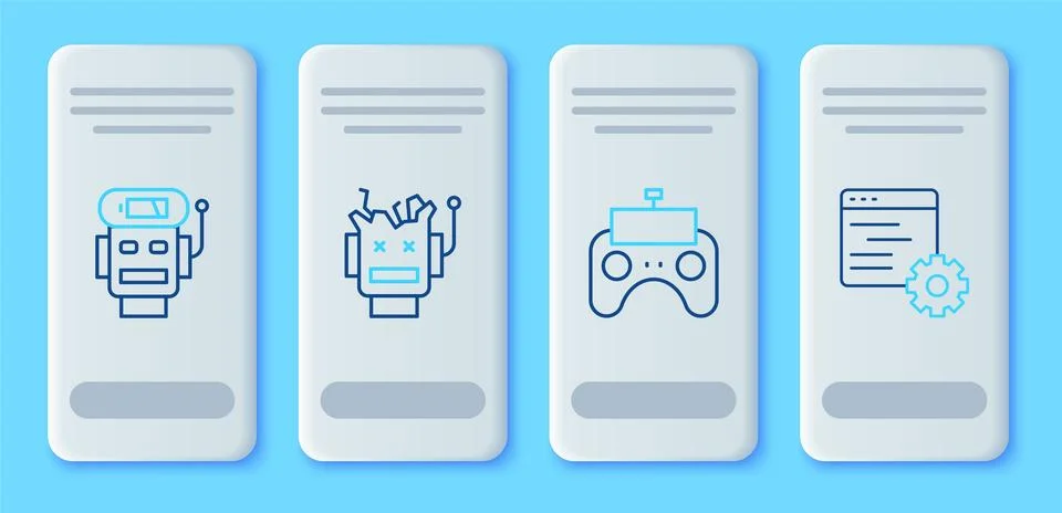 Set line Broken robot, Remote control, Robot low battery charge and Computer api Stock Illustration