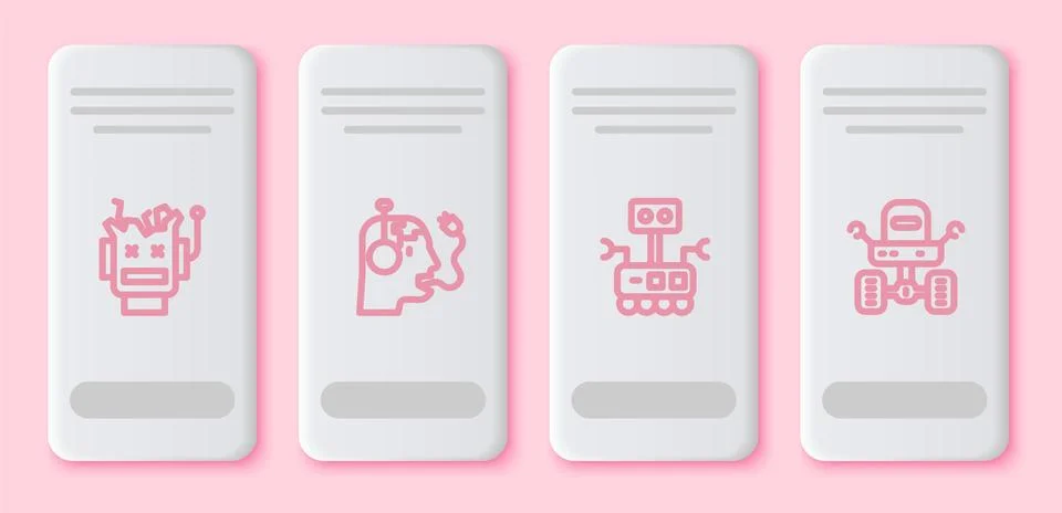 Set line Broken robot, Robot charging battery, and Mars rover. White rectangle Illustrazione stock