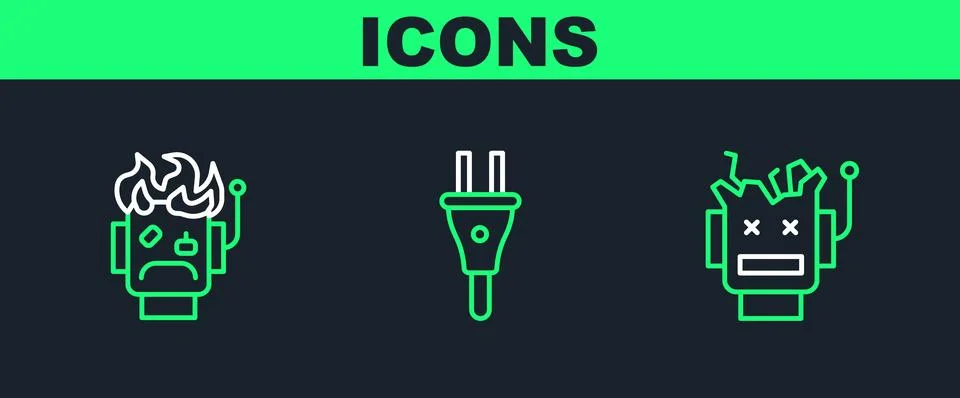 Set line Broken robot, Robot burned out and Electric plug icon. Vector 스톡 일러스트