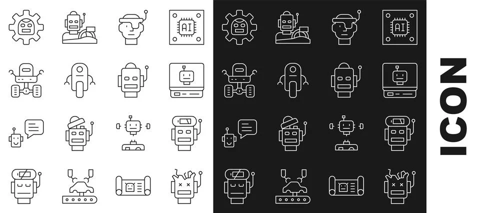 Set line Broken robot, Robot low battery charge, Smart glasses, Mars rover,.. Stock Illustration