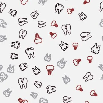 Set line Broken tooth, and Dental implant on seamless pattern. Vector Stock Illustration