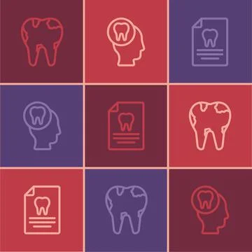 Set line Broken tooth, Clipboard with dental card and Toothache icon. Vector Illustration