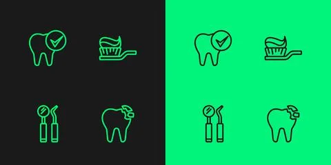 Set line Broken tooth, Dental mirror and probe, Tooth and Toothbrush with Stock Illustration