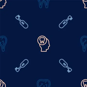 Set line Broken tooth, Electric toothbrush and Toothache on seamless pattern Illustrazione stock