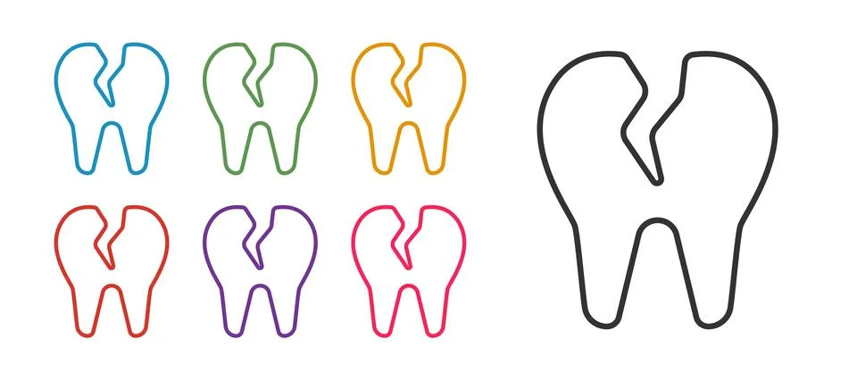 Set line Broken tooth icon isolated on white background. Dental problem icon Illustrazione stock