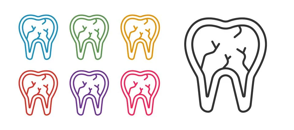 Set line Broken tooth icon isolated on white background. Dental problem icon Stockillustratie