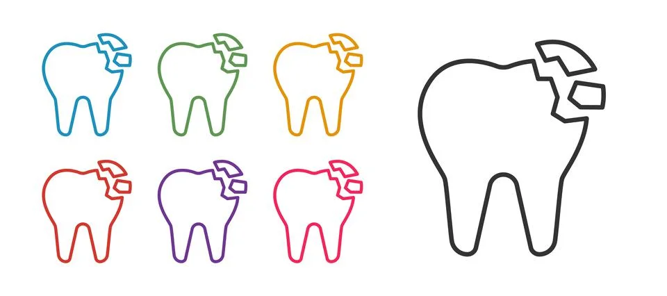 Set line Broken tooth icon isolated on white background. Dental problem icon Stock Illustration