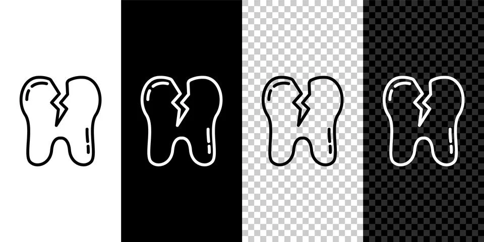 Set line Broken tooth icon isolated on black and white background. Dental pro Illustrazione stock