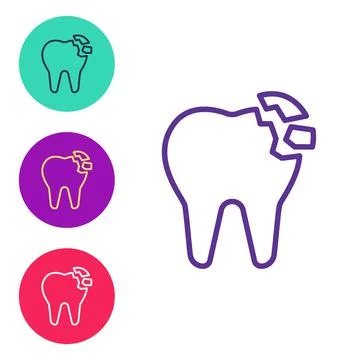 Set line Broken tooth icon isolated on white background. Dental problem icon. Illustrazione stock